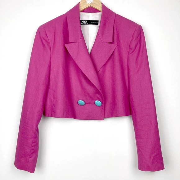 Zara Jackets & Blazers - ZARA Woman Blazer Linen Blend Double-Breaste Cropped Pink Magenta Size L E121862
